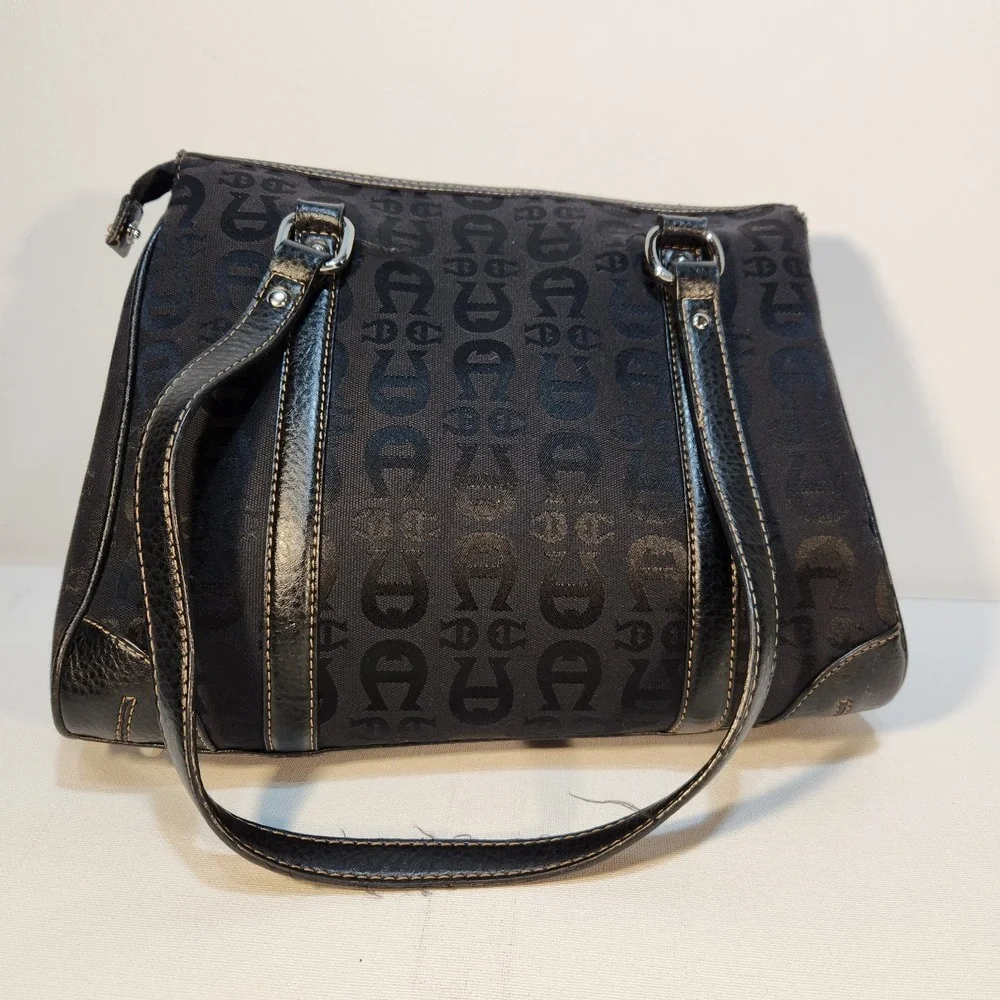 Etienne Aigner Black Signature Canvas Handbag Leather Trim Front Magnetic Pocket